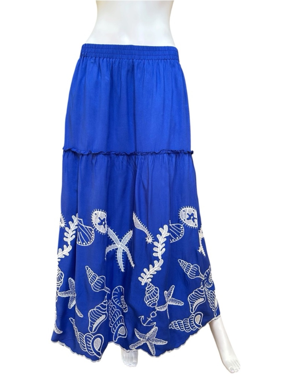 Laffaire Blue Embroidered Tiered Maxi Skirt, NWOT, XL